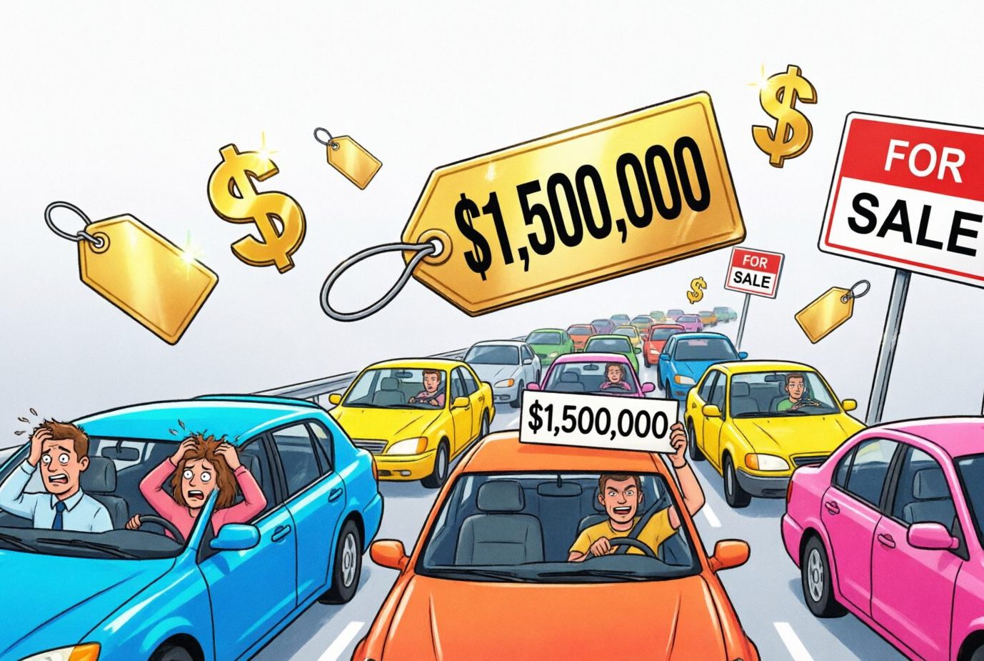 Cartoon illustration of 405 traffic jam with high price tags